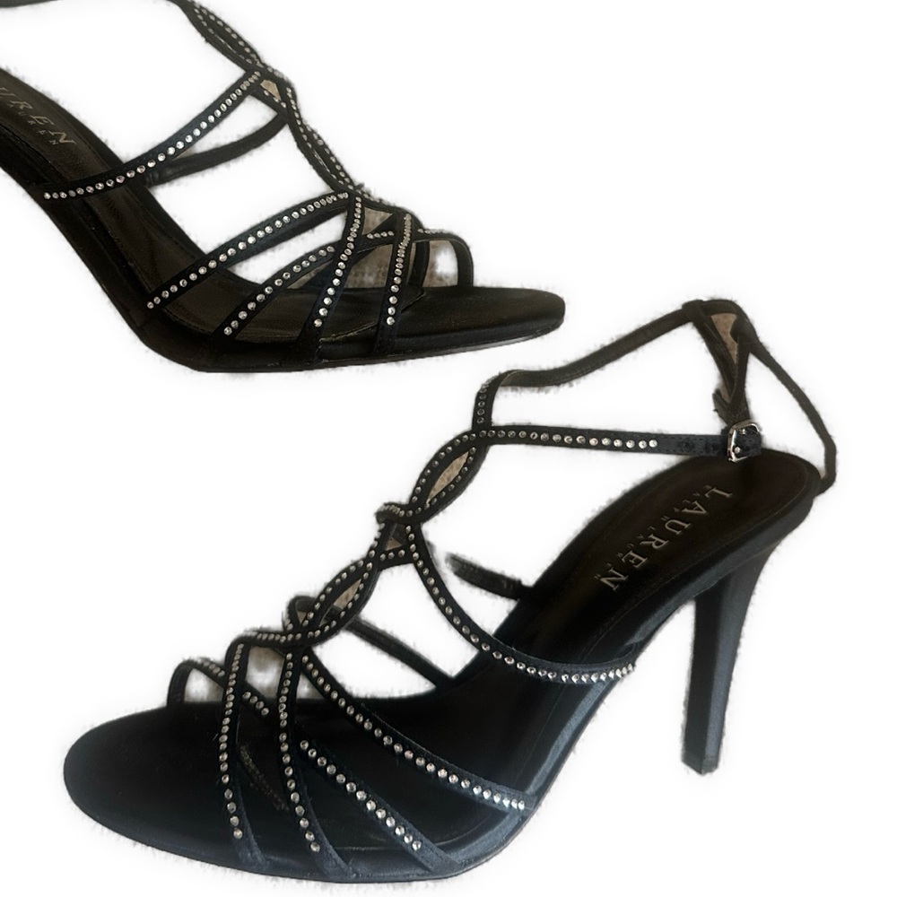 Lauren Ralph Lauren Black Strappy Heels Abrianna Rhinestone & Satin Heels 6.5